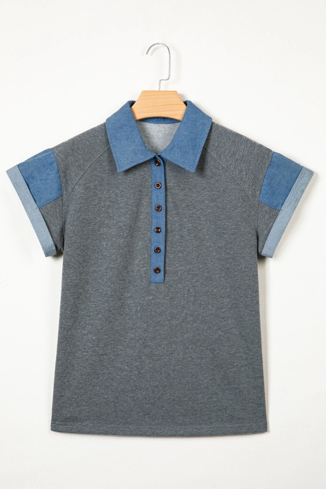 Colorblock Denim Patchwork Shirt Collar Blouse - Rooted & Reckless Co.