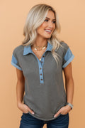 Colorblock Denim Patchwork Shirt Collar Blouse - Rooted & Reckless Co.