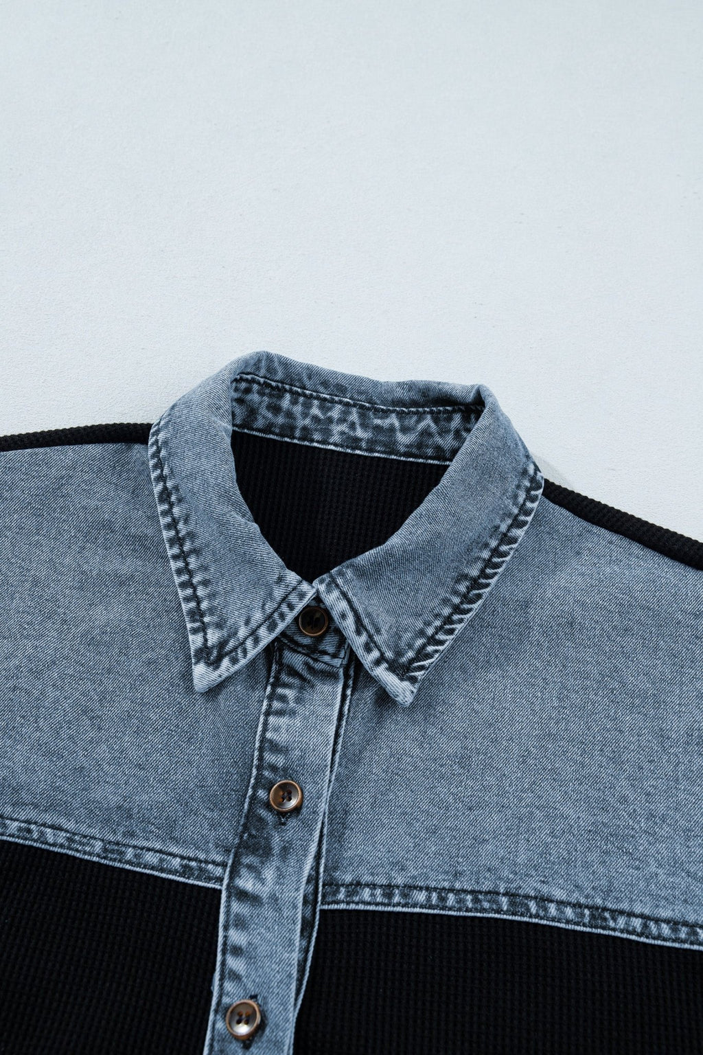 Colorblock Denim Patchwork Waffle Knit Buttoned Shirt - Rooted & Reckless Co.