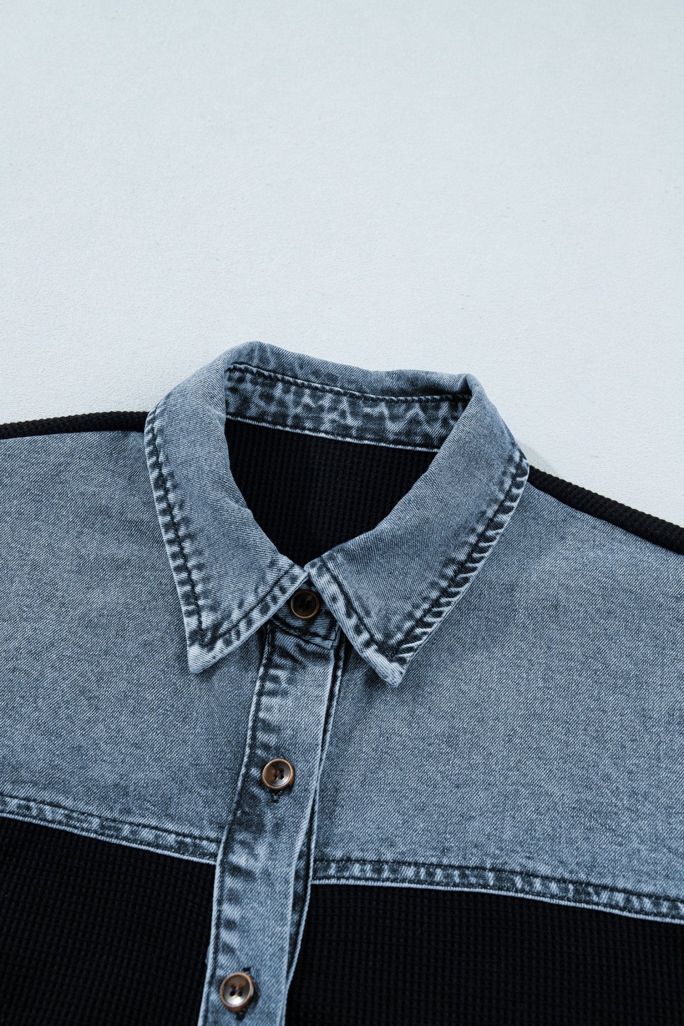 Colorblock Denim Patchwork Waffle Knit Buttoned Shirt - Rooted & Reckless Co.