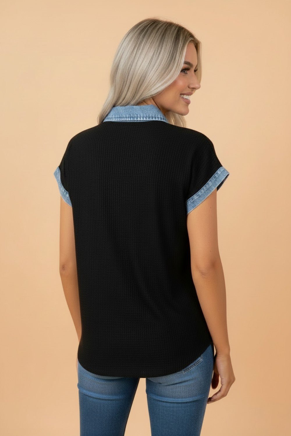Colorblock Denim Patchwork Waffle Knit Buttoned Shirt - Rooted & Reckless Co.