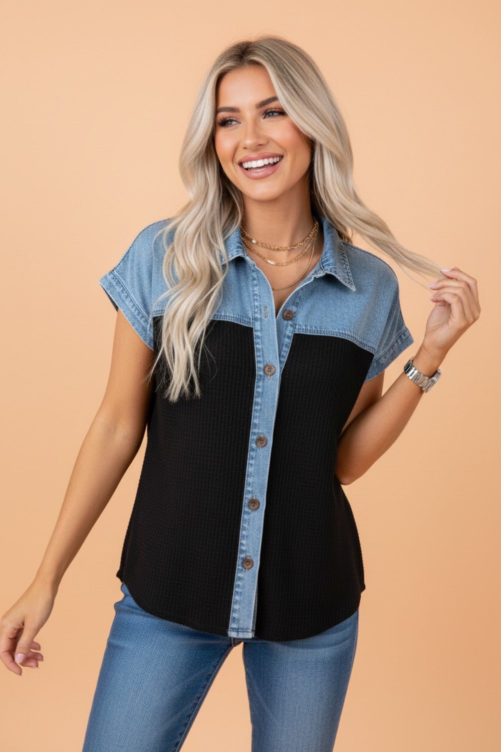 Colorblock Denim Patchwork Waffle Knit Buttoned Shirt - Rooted & Reckless Co.