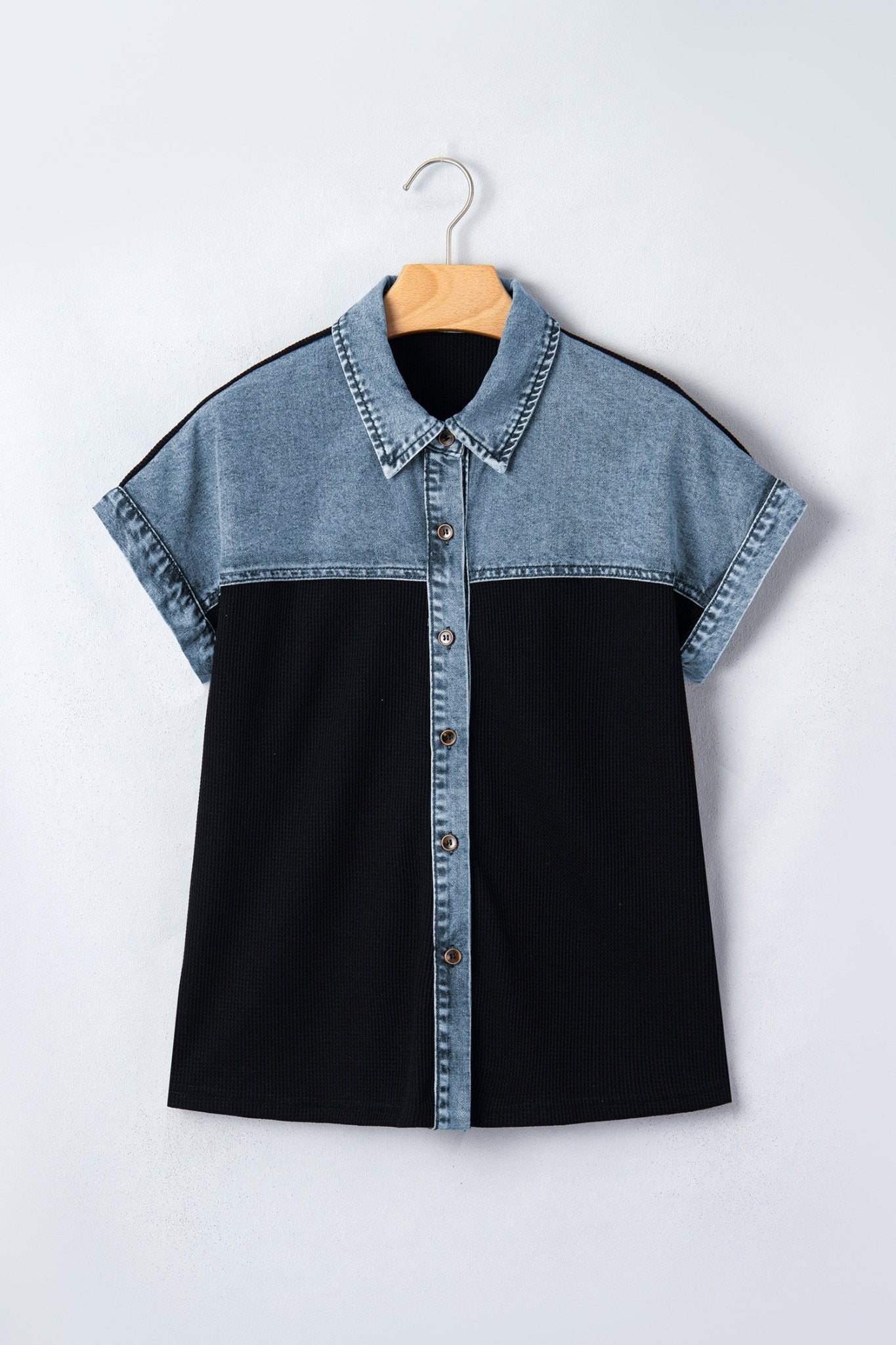 Colorblock Denim Patchwork Waffle Knit Buttoned Shirt - Rooted & Reckless Co.