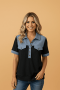 Colorblock Denim Waffle Knit Patchwork Polo Top - Rooted & Reckless Co.