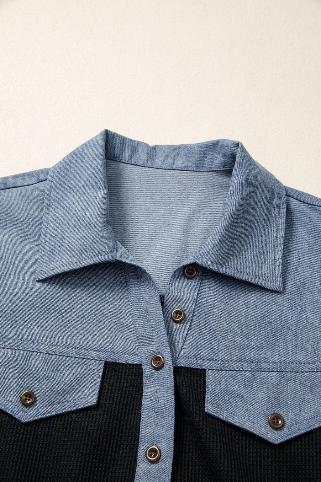 Colorblock Denim Waffle Knit Patchwork Polo Top - Rooted & Reckless Co.