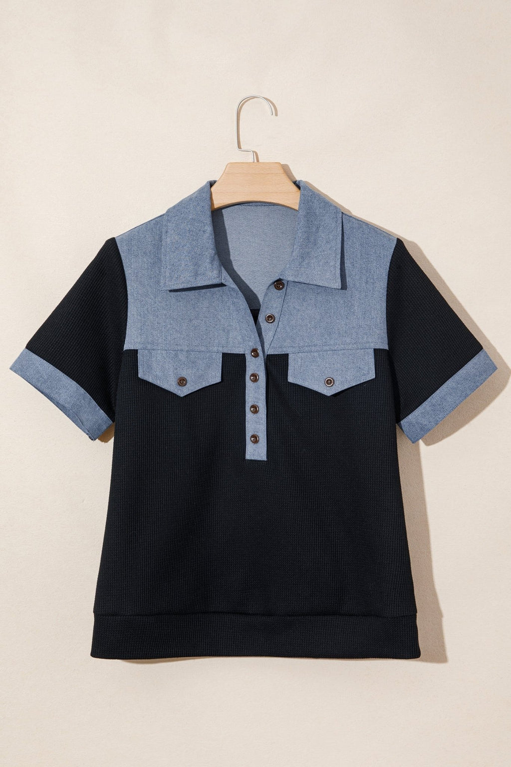 Colorblock Denim Waffle Knit Patchwork Polo Top - Rooted & Reckless Co.