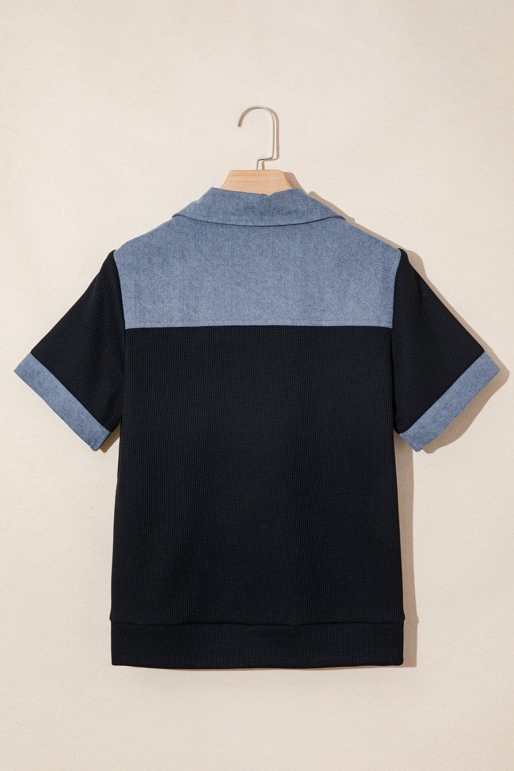 Colorblock Denim Waffle Knit Patchwork Polo Top - Rooted & Reckless Co.