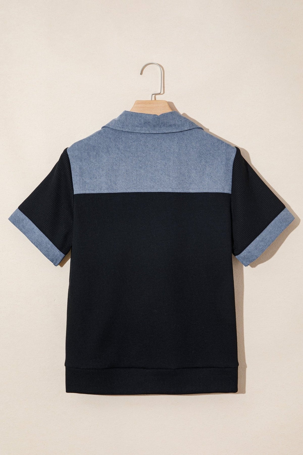 Colorblock Denim Waffle Knit Patchwork Polo Top - Rooted & Reckless Co.