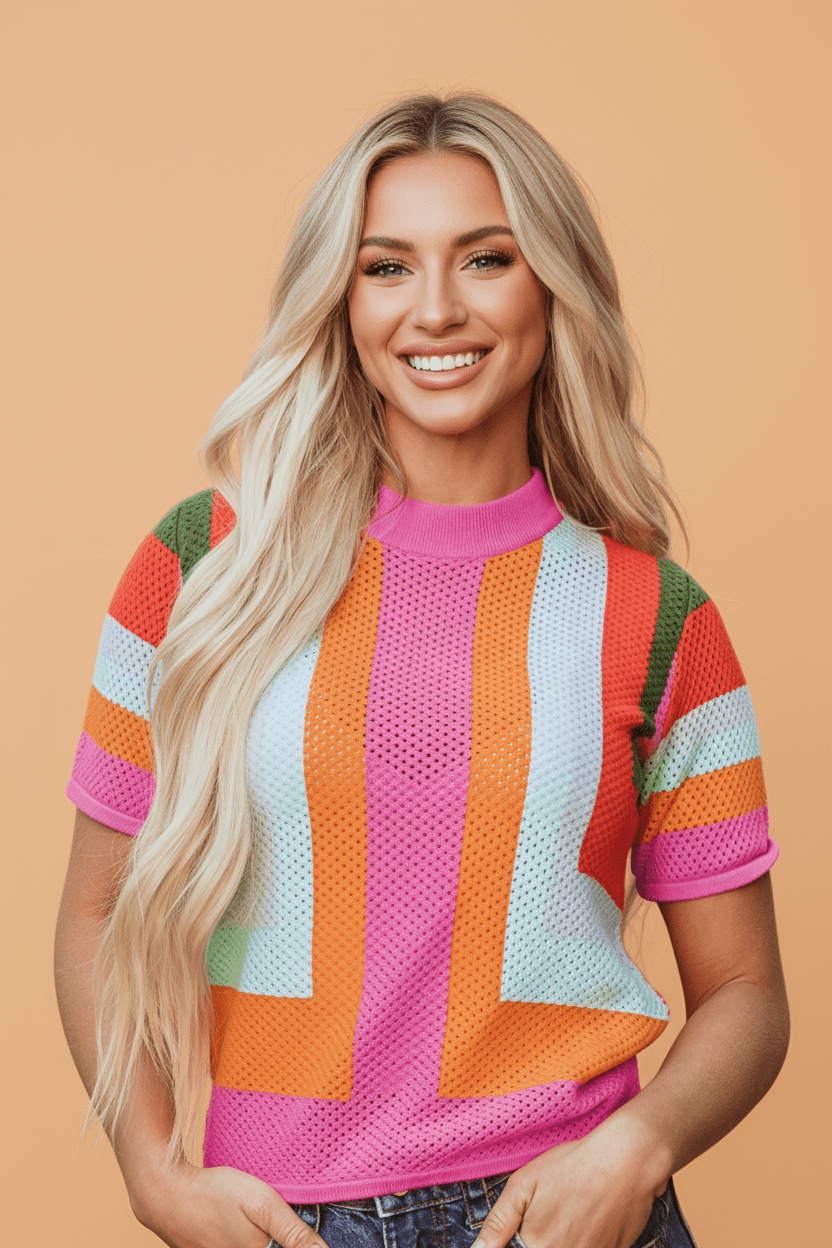 Colorblock Eyelet Short Sleeve Sweater T-Shirt - Rooted & Reckless Co.