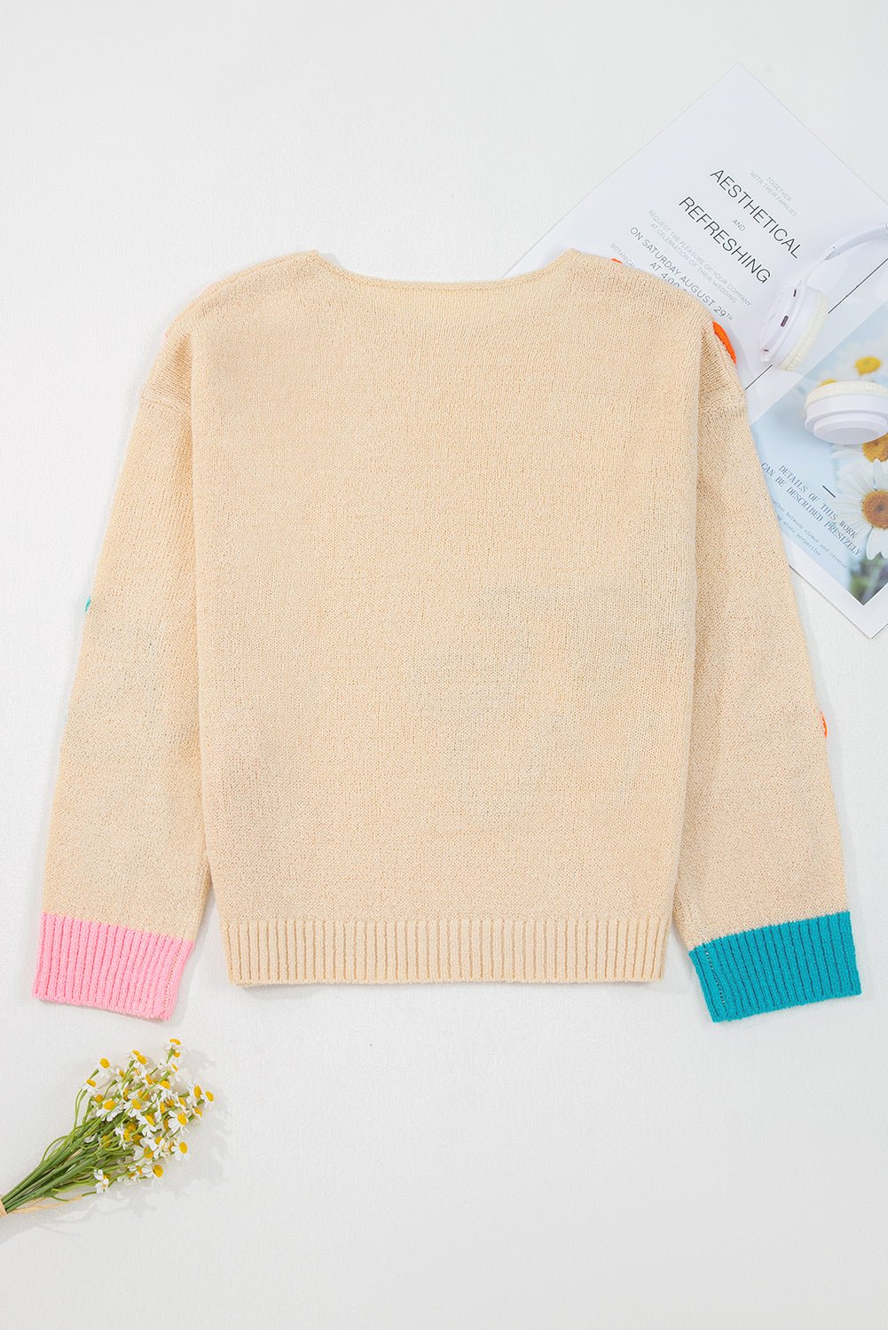 Colorblock Flower Cuffed Long Sleeve Sweater - Rooted & Reckless Co.