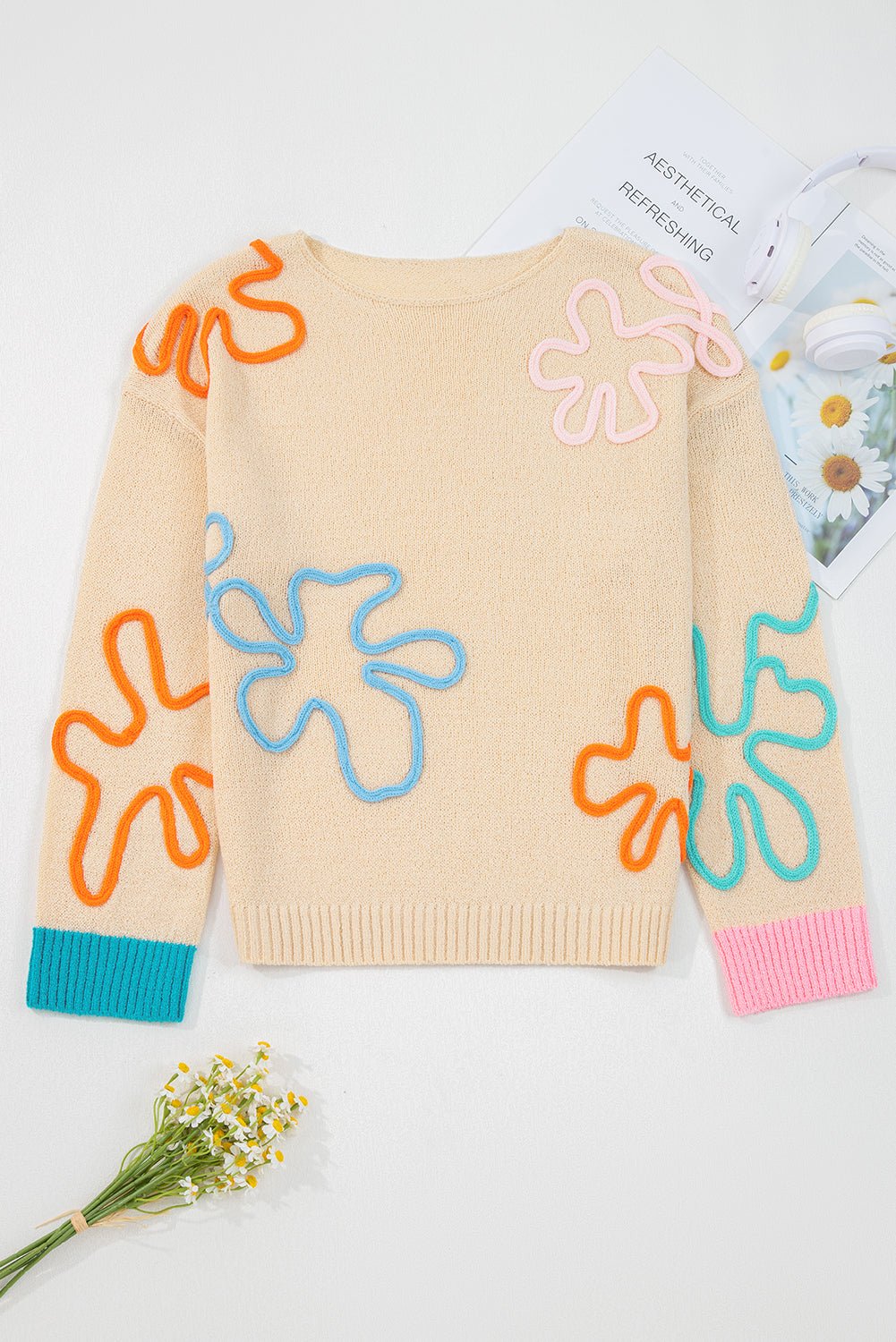 Colorblock Flower Cuffed Long Sleeve Sweater - Rooted & Reckless Co.