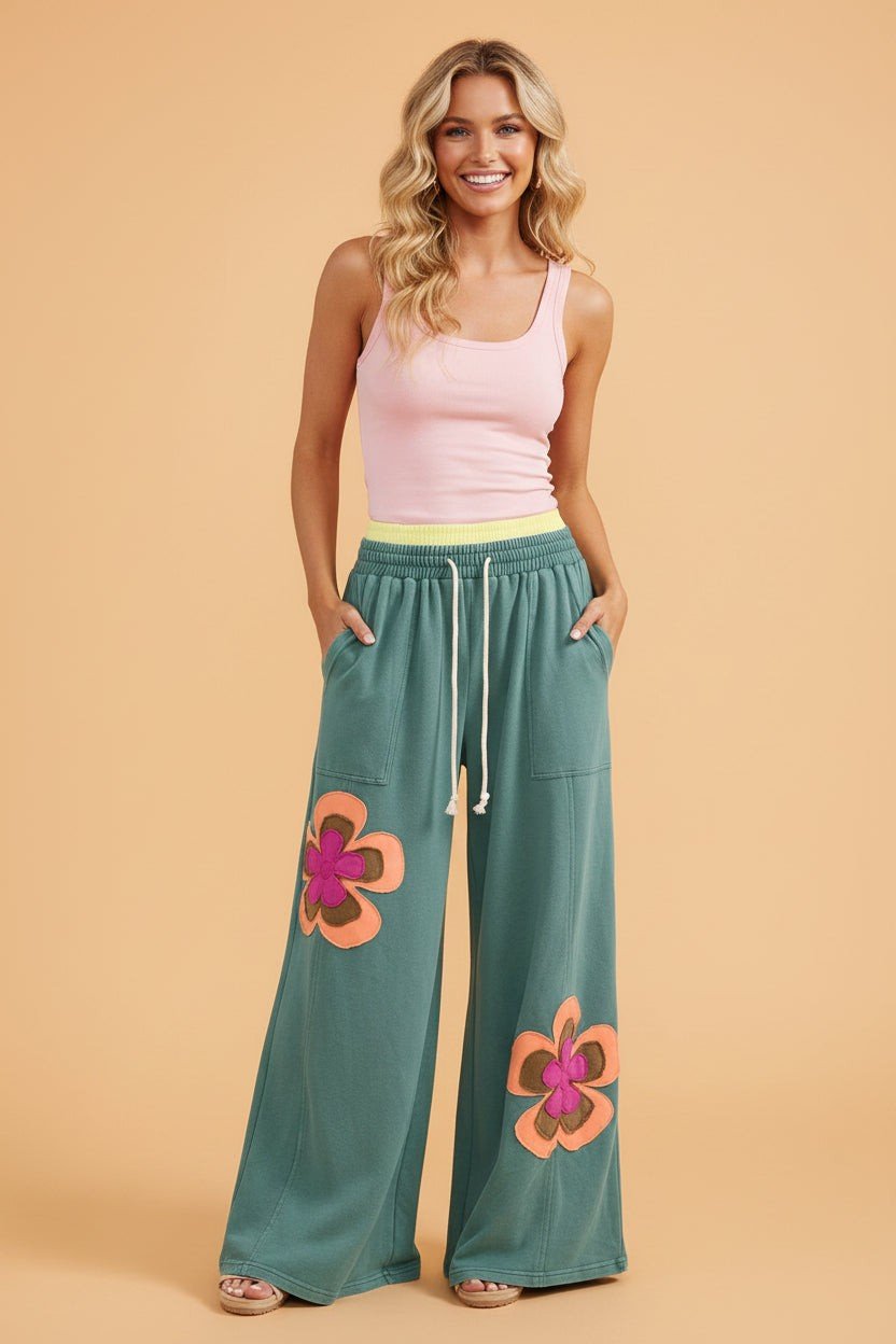 Colorblock Flower Patchwork Drawstring Wide Leg Pants - Rooted & Reckless Co.