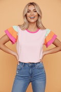 Colorblock Flutter Sleeve Round Neck T-Shirt - Rooted & Reckless Co.