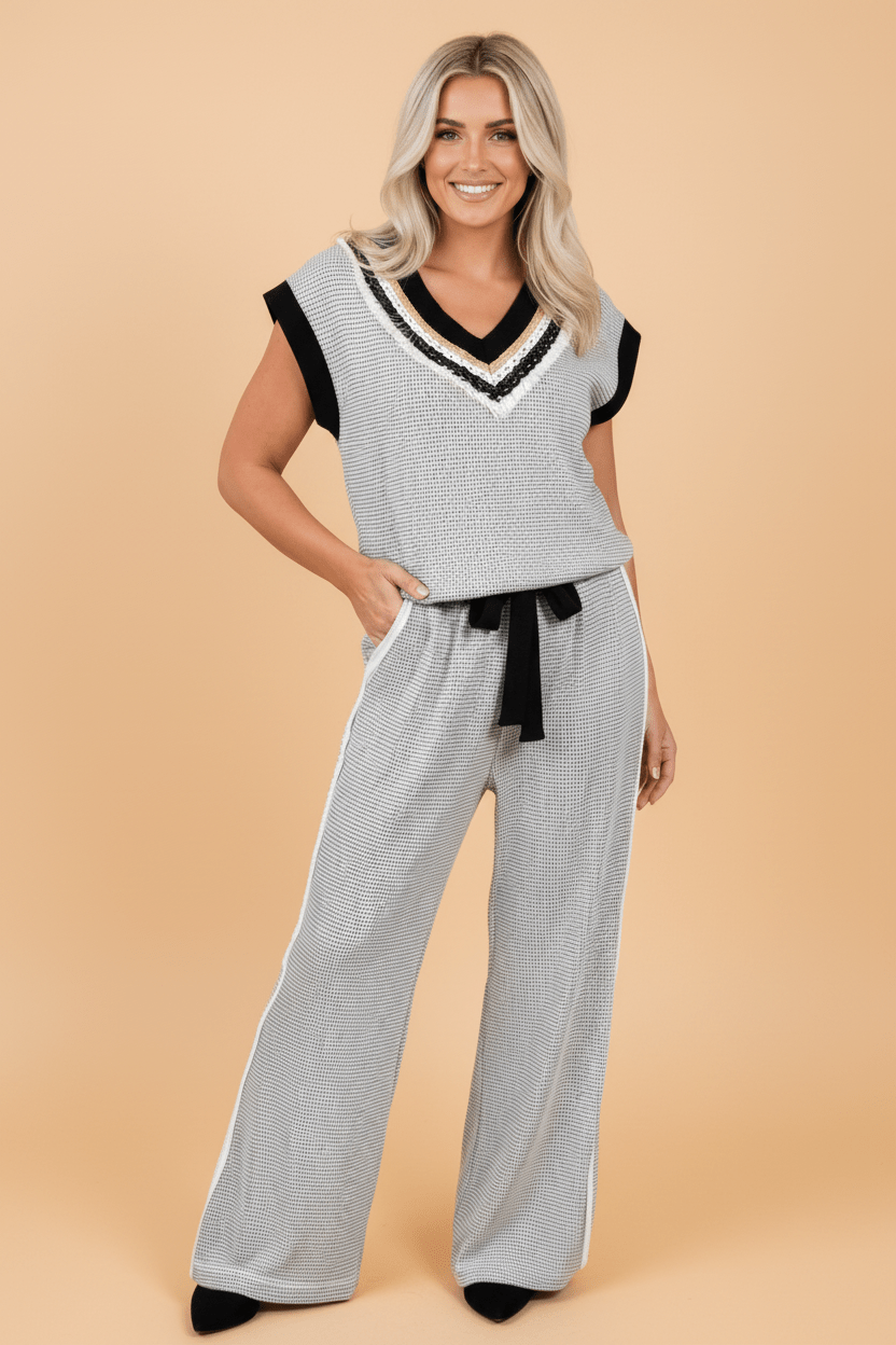 Colorblock Fringe Trim V-Neck Tank & Drawstring Pants Set - Rooted & Reckless Co.
