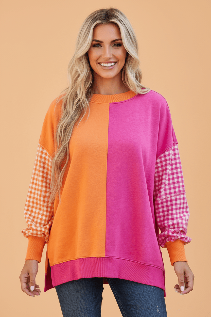 Colorblock Gingham Long Sleeve Crewneck Sweatshirt - Rooted & Reckless Co.