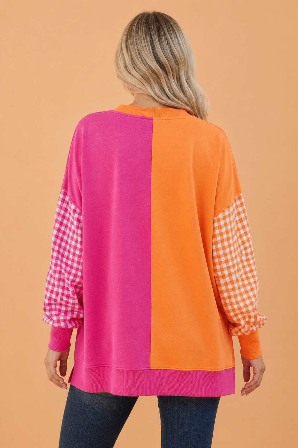 Colorblock Gingham Long Sleeve Crewneck Sweatshirt - Rooted & Reckless Co.