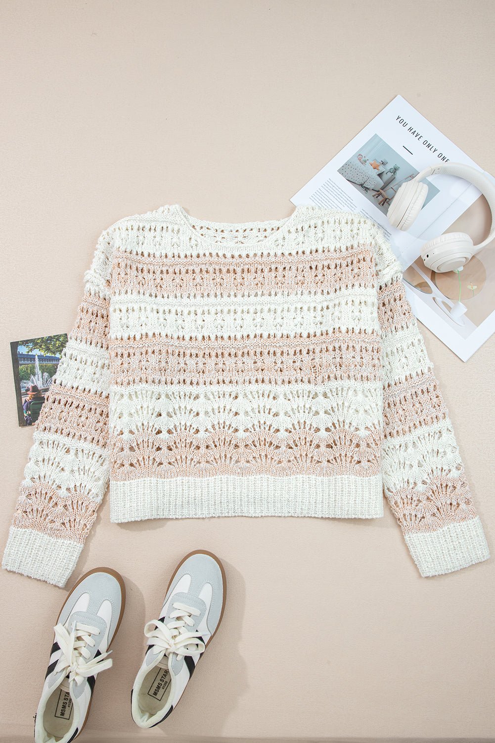 Colorblock Hollow-Out Drop Shoulder Sweater - Rooted & Reckless Co.
