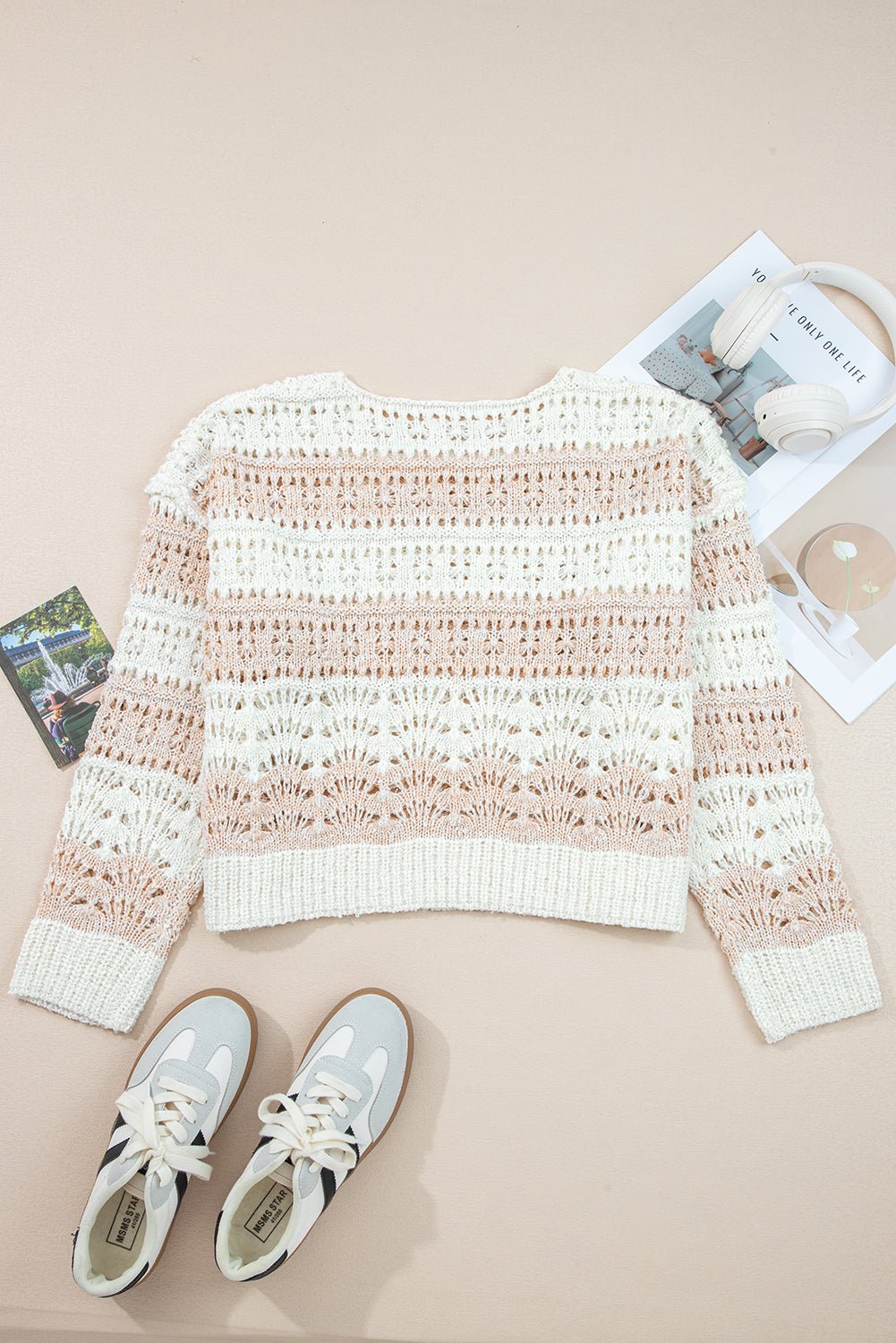 Colorblock Hollow-Out Drop Shoulder Sweater - Rooted & Reckless Co.