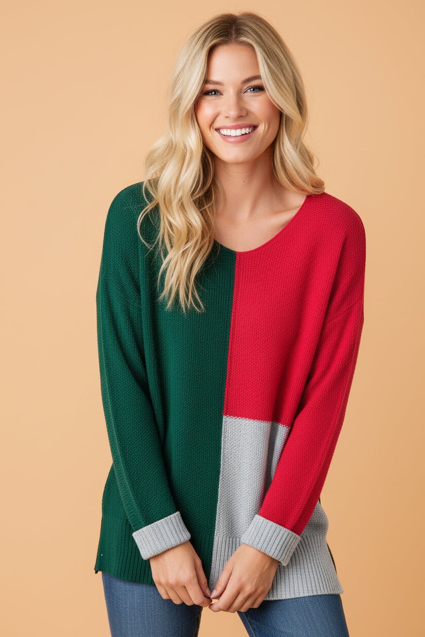 Colorblock Knit V-Neck Sweater - Rooted & Reckless Co.