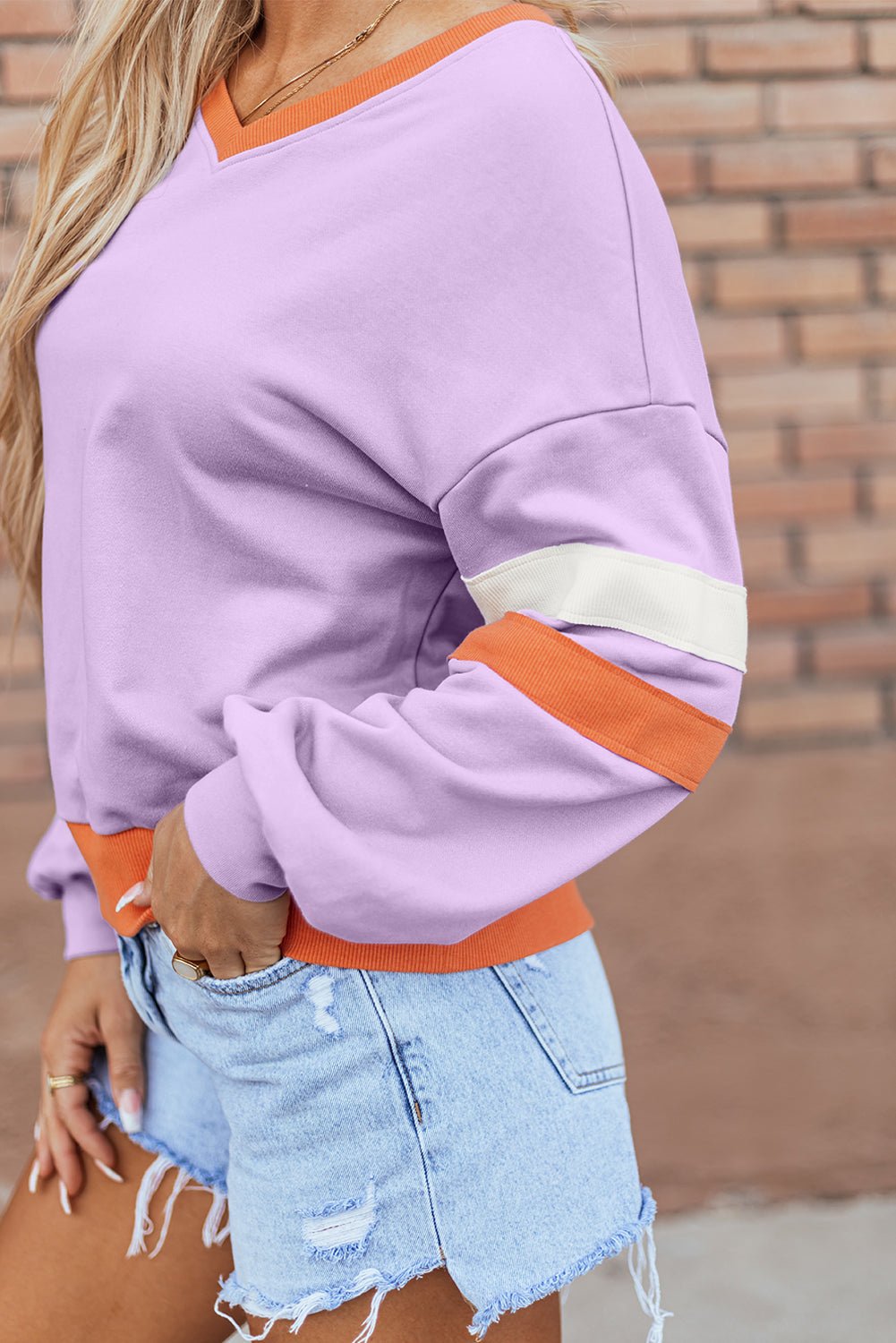 Colorblock Patchwork V-Neck Drop Shoulder Sweatshirt - Rooted & Reckless Co.