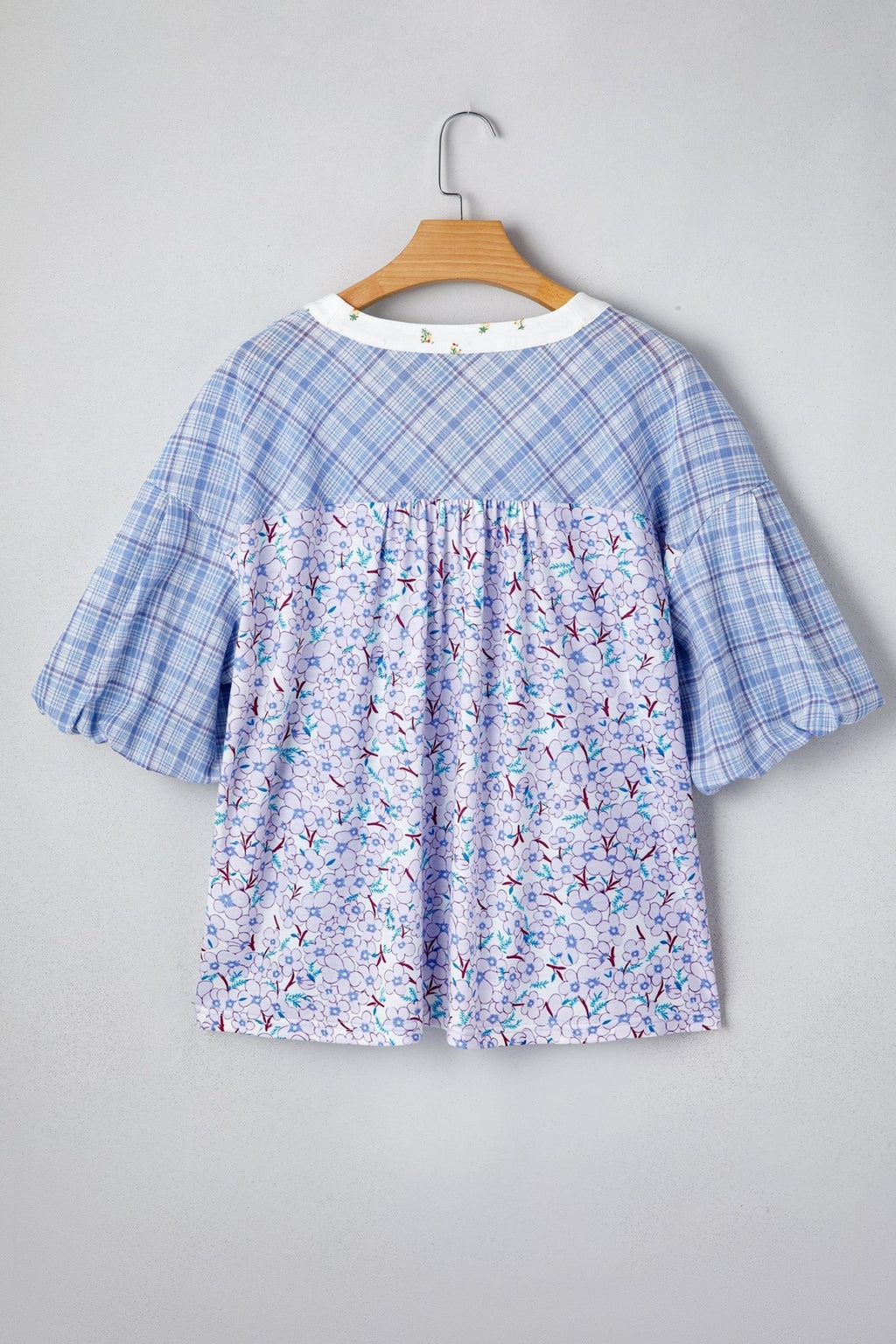 Colorblock Plaid Patchwork Bubble Sleeve Blouse - Rooted & Reckless Co.