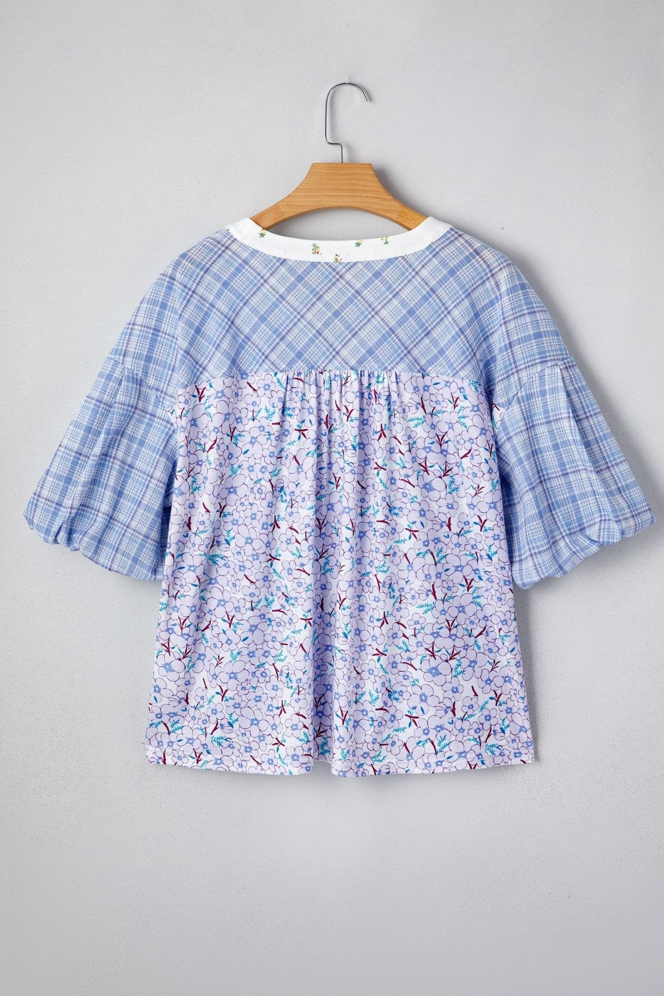 Colorblock Plaid Patchwork Bubble Sleeve Blouse - Rooted & Reckless Co.