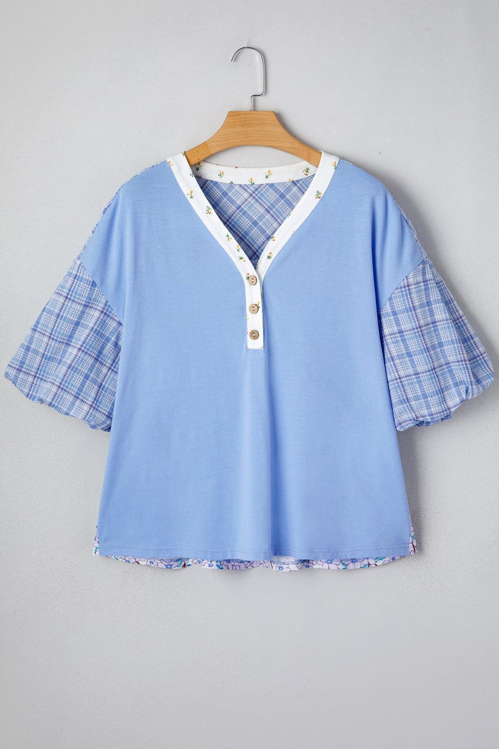 Colorblock Plaid Patchwork Bubble Sleeve Blouse - Rooted & Reckless Co.