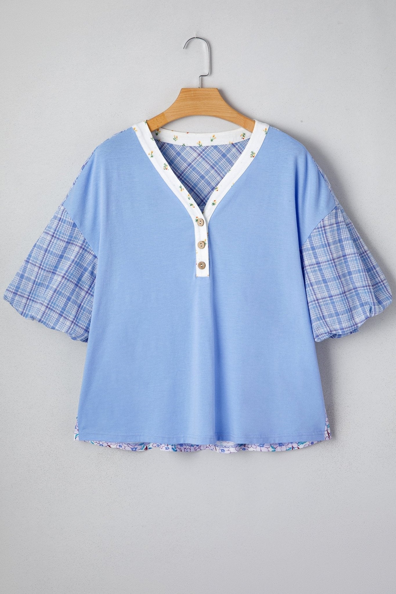 Colorblock Plaid Patchwork Bubble Sleeve Blouse - Rooted & Reckless Co.