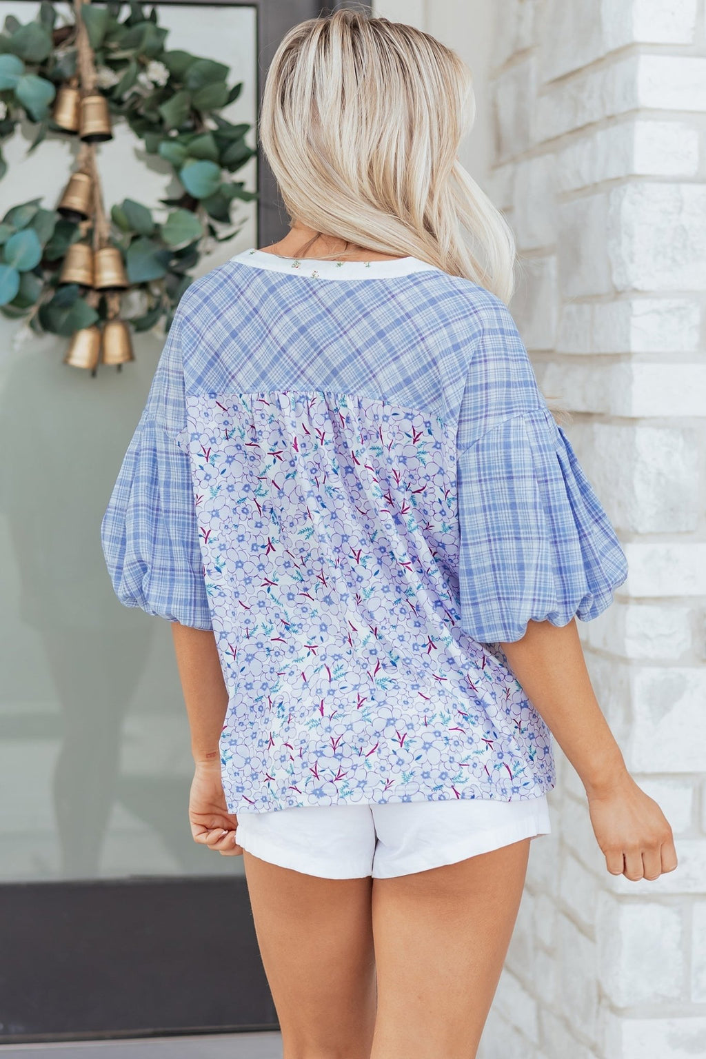 Colorblock Plaid Patchwork Bubble Sleeve Blouse - Rooted & Reckless Co.