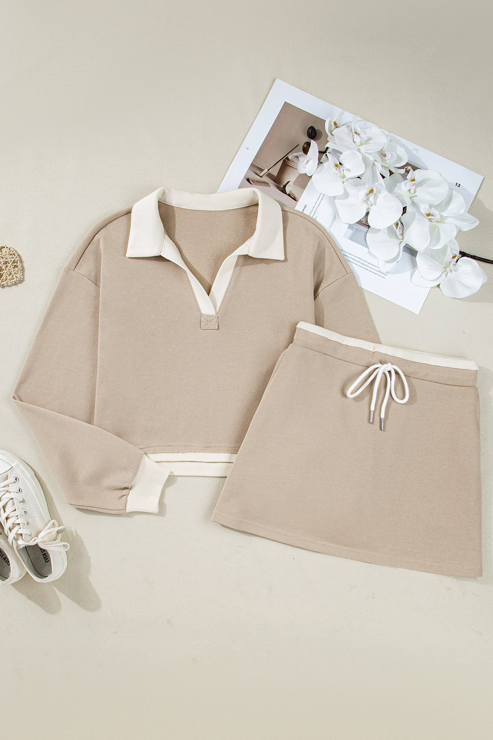 Colorblock Raw Edge Pullover and Drawstring Skirt Set - Rooted & Reckless Co.