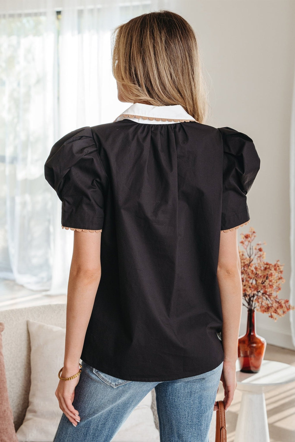Colorblock Ricrac Trim Collared Short Sleeve Blouse - Rooted & Reckless Co.