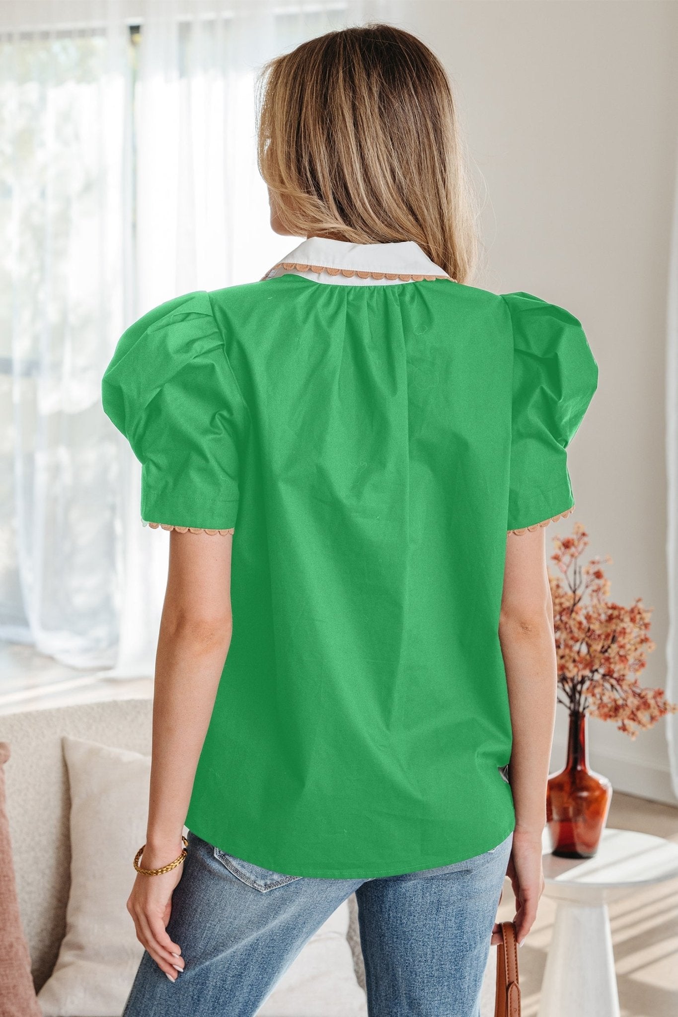 Colorblock Ricrac Trim Collared Short Sleeve Blouse - Rooted & Reckless Co.