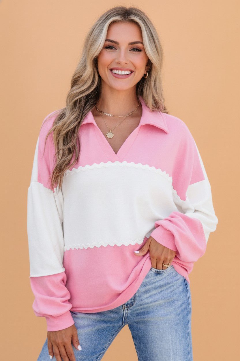 Colorblock Ricrac Trim Collared V-Neck Long Sleeve Top - Rooted & Reckless Co.