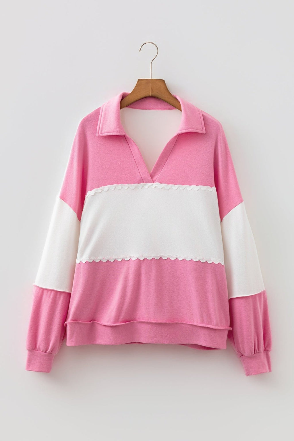Colorblock Ricrac Trim Collared V-Neck Long Sleeve Top - Rooted & Reckless Co.