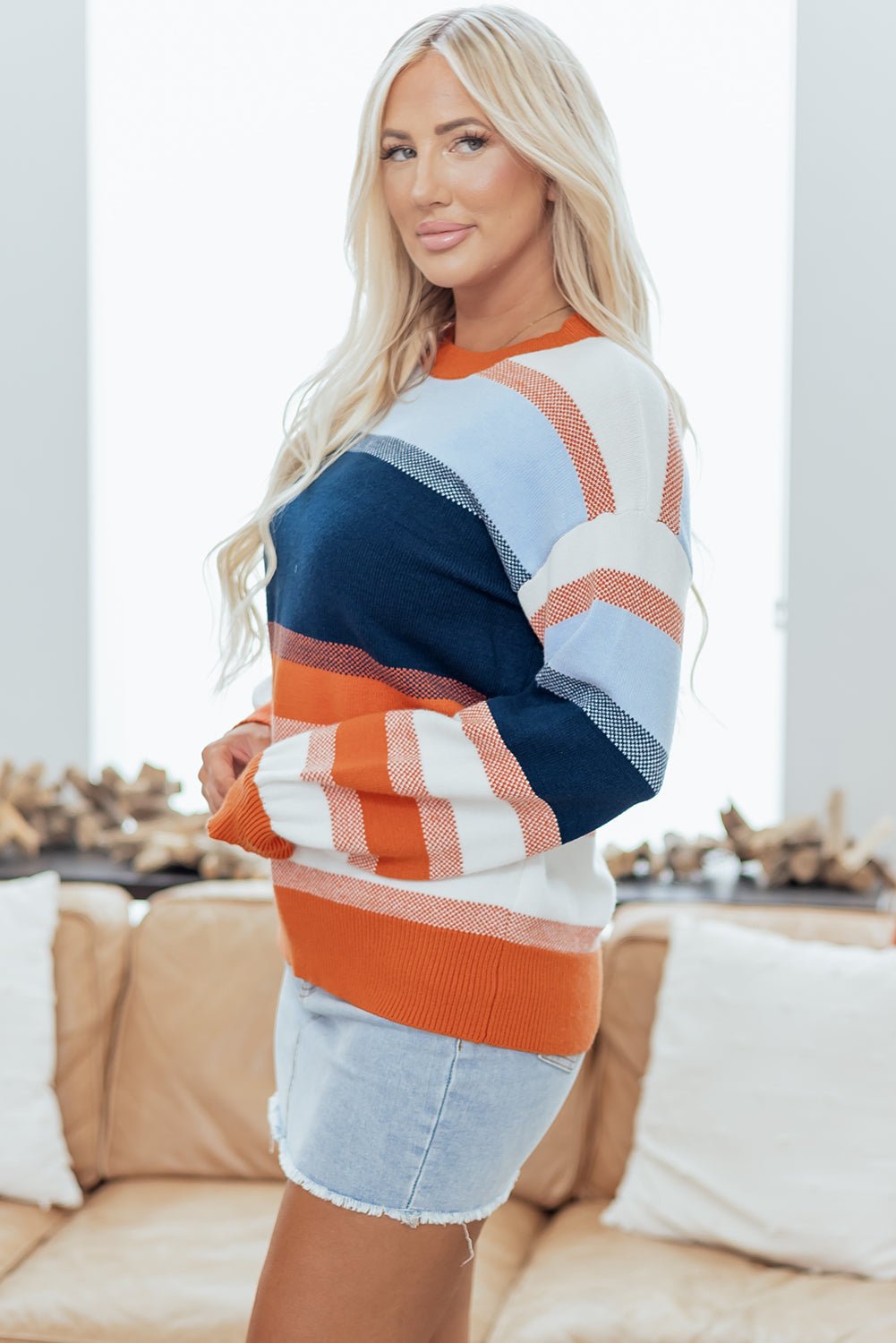 Colorblock Round Neck Long Sleeve Sweater - Rooted & Reckless Co.