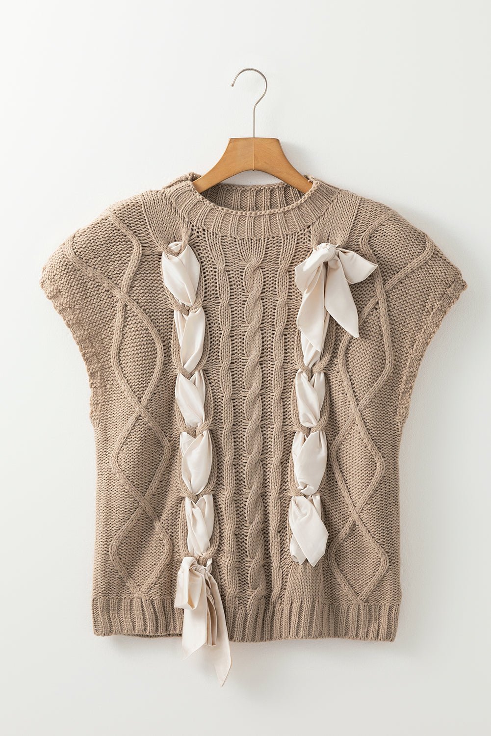 Colorblock Satin Bow Cable Knit Short Sleeve Sweater - Rooted & Reckless Co.