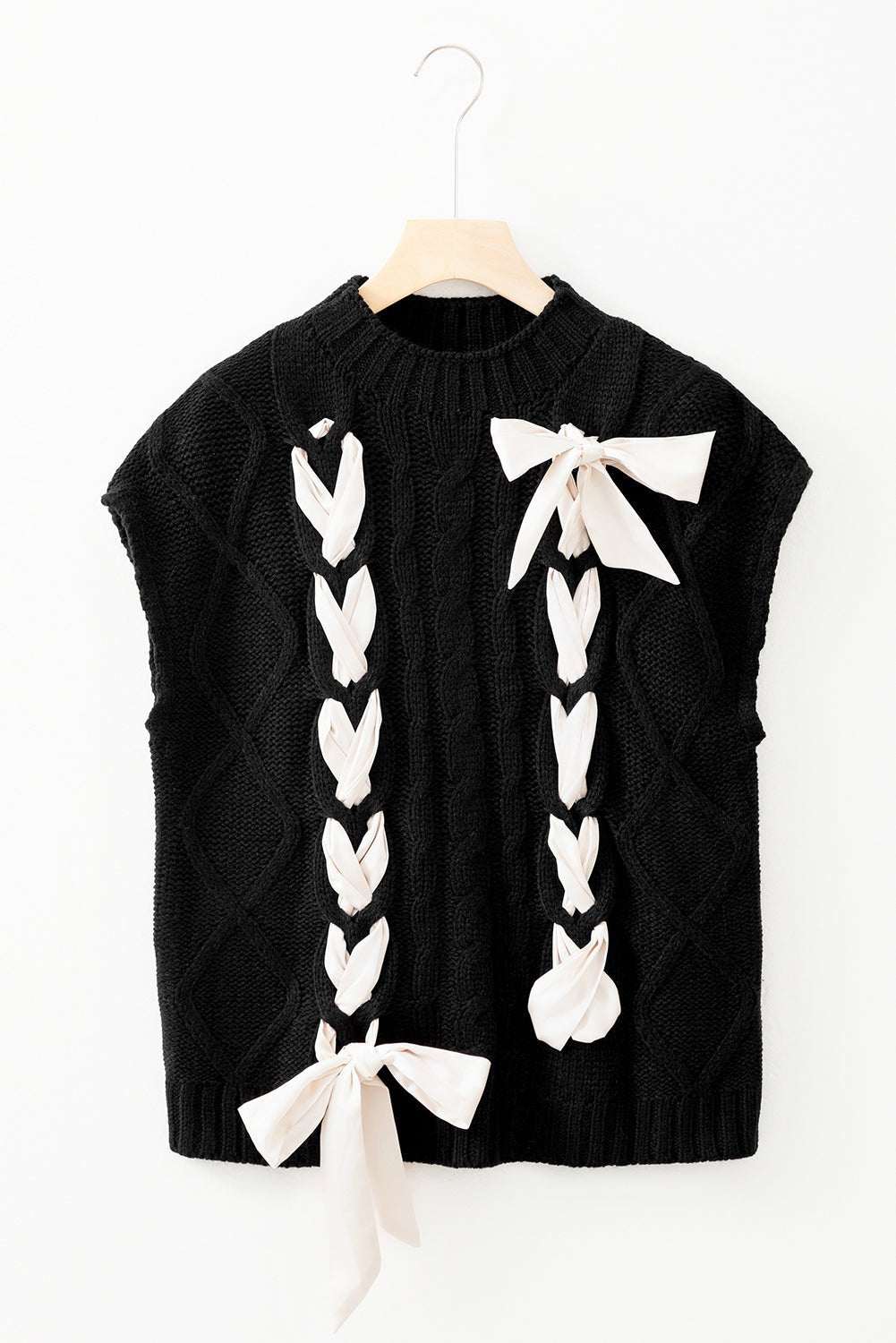Colorblock Satin Bow Cable Knit Short Sleeve Sweater - Rooted & Reckless Co.