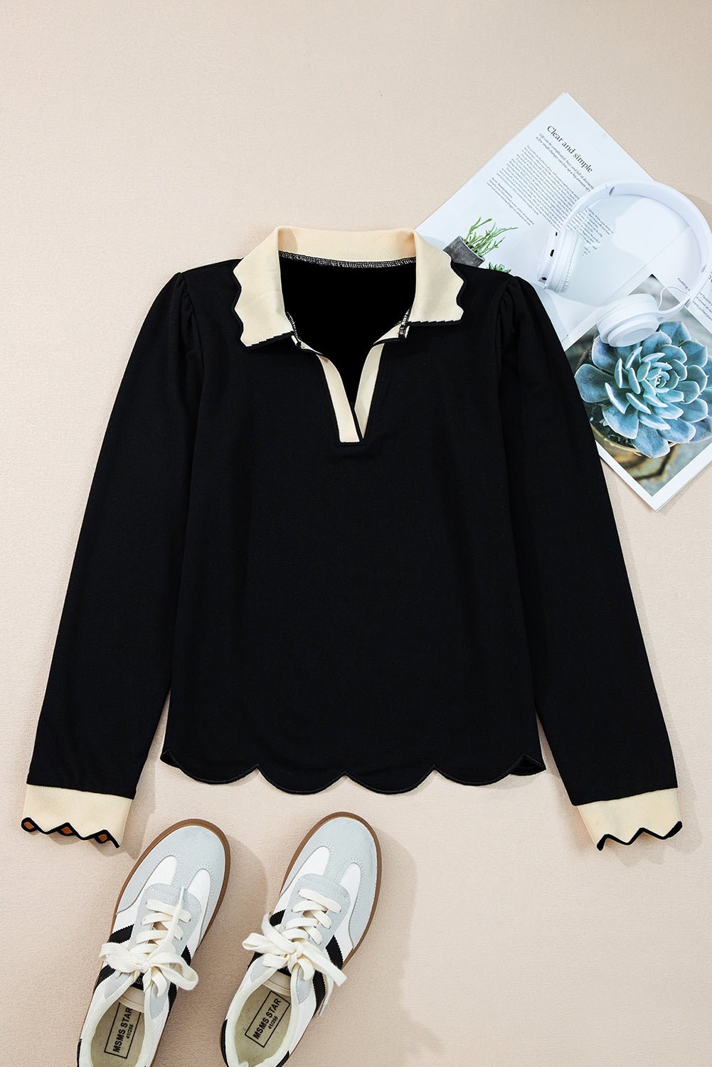 Colorblock Scallop Trim Long Sleeve Collared Top - Rooted & Reckless Co.