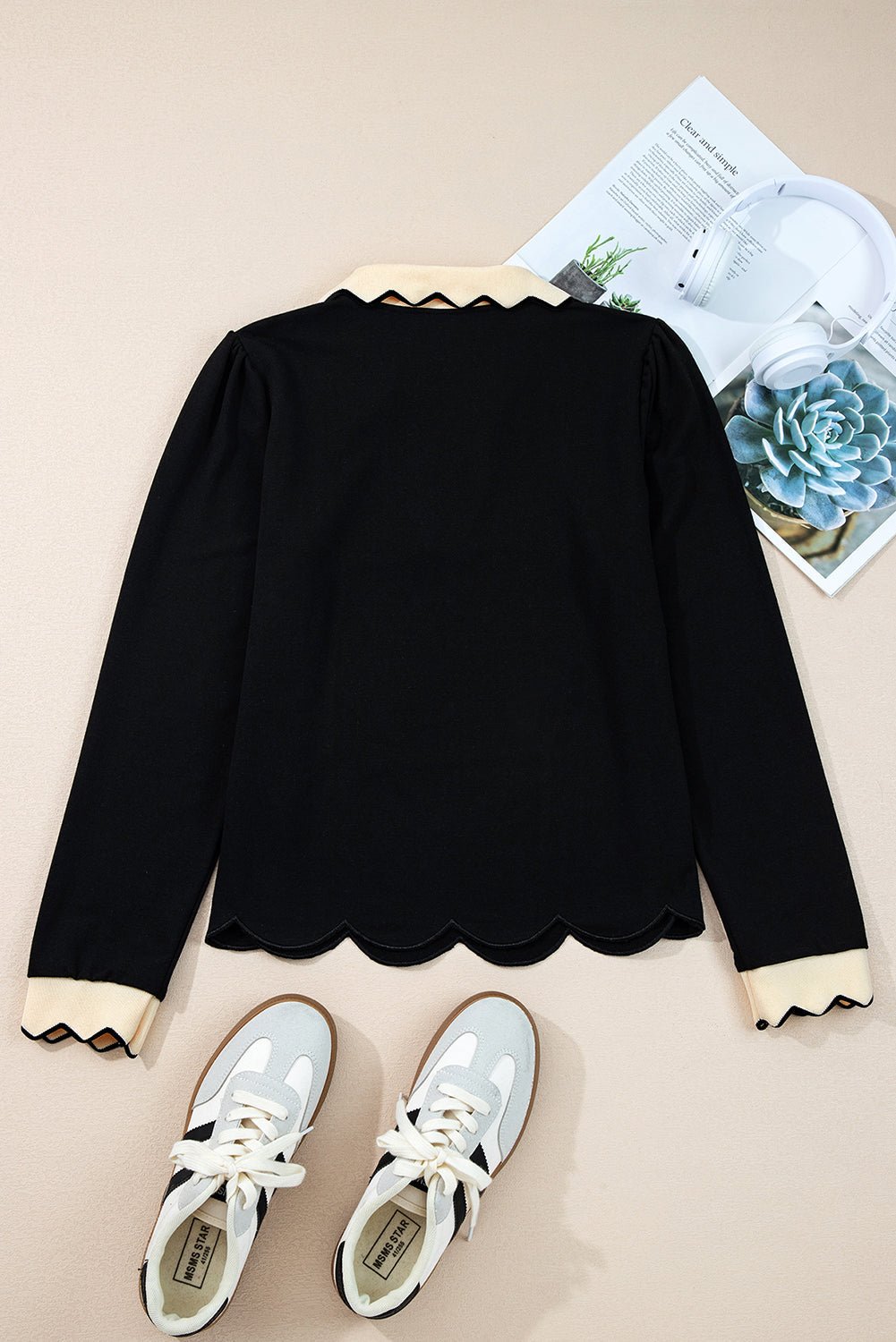 Colorblock Scallop Trim Long Sleeve Collared Top - Rooted & Reckless Co.