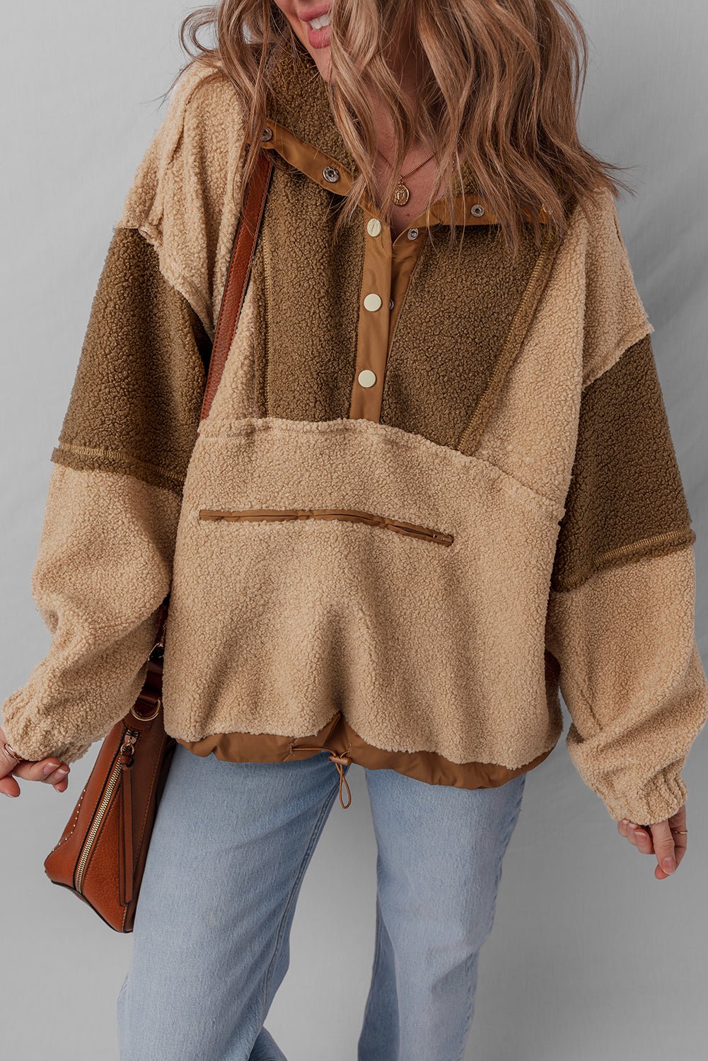 Colorblock Sherpa Patchwork Half Button Sweatshirt - Rooted & Reckless Co.