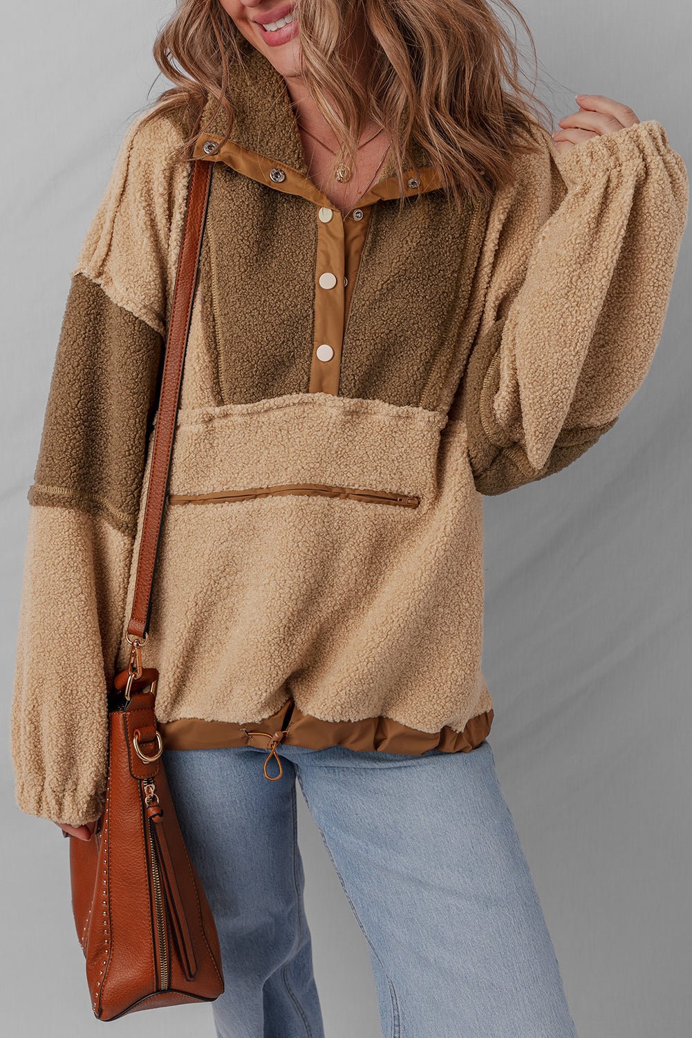 Colorblock Sherpa Patchwork Half Button Sweatshirt - Rooted & Reckless Co.