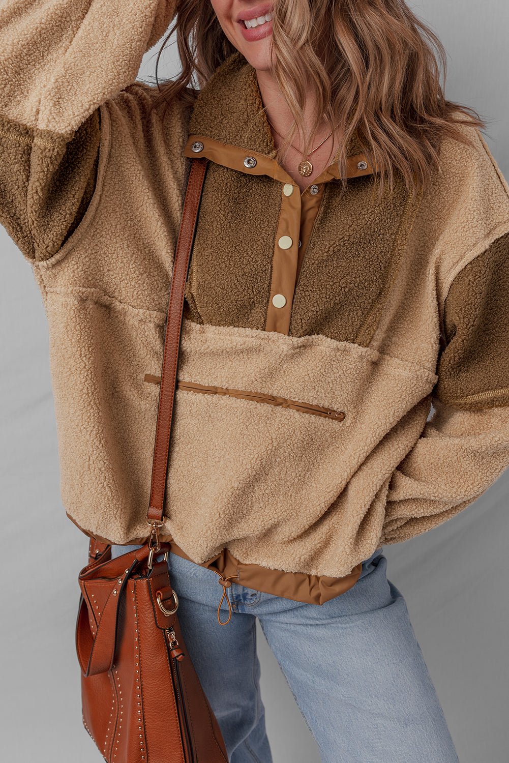 Colorblock Sherpa Patchwork Half Button Sweatshirt - Rooted & Reckless Co.