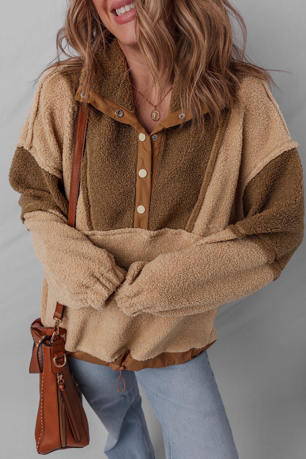 Colorblock Sherpa Patchwork Half Button Sweatshirt - Rooted & Reckless Co.
