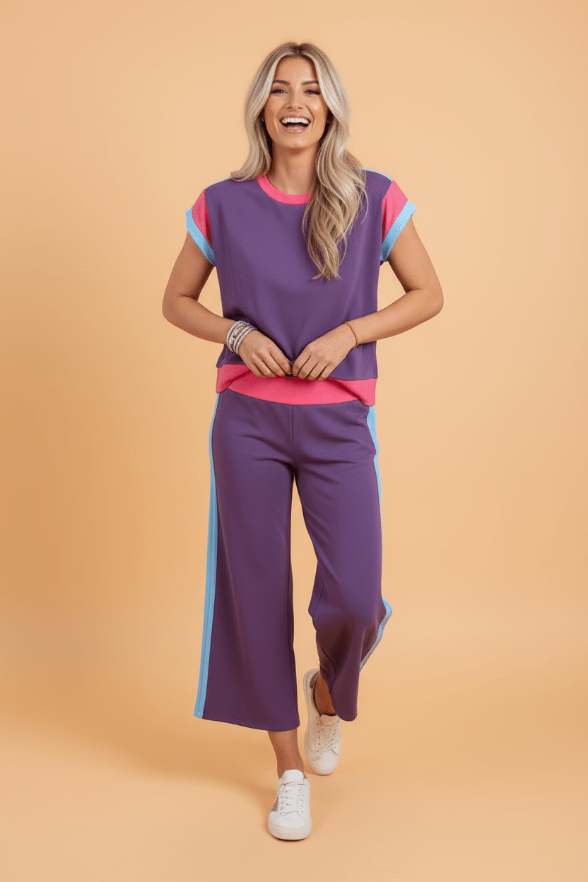 Colorblock Short Sleeve Top & Wide Leg Pants Set - Rooted & Reckless Co.