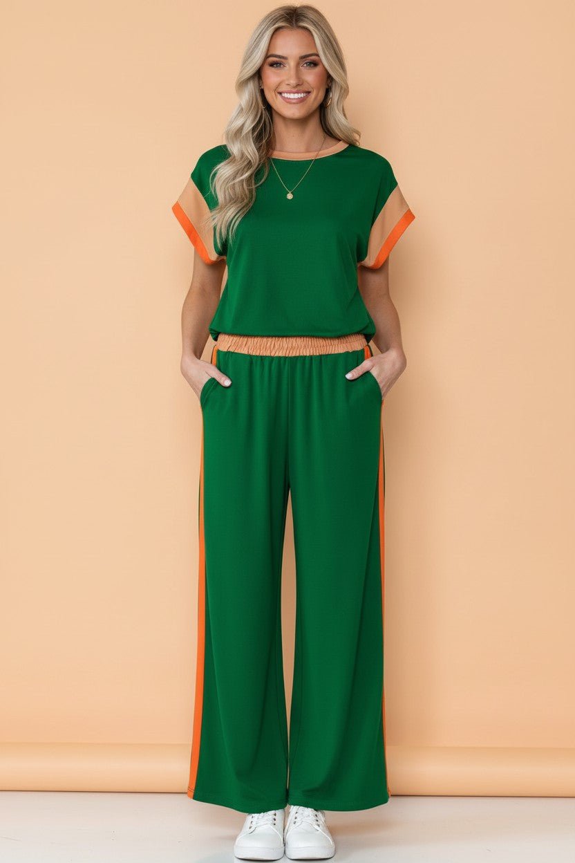 Colorblock Short Sleeve Top & Wide Leg Pants Set - Rooted & Reckless Co.