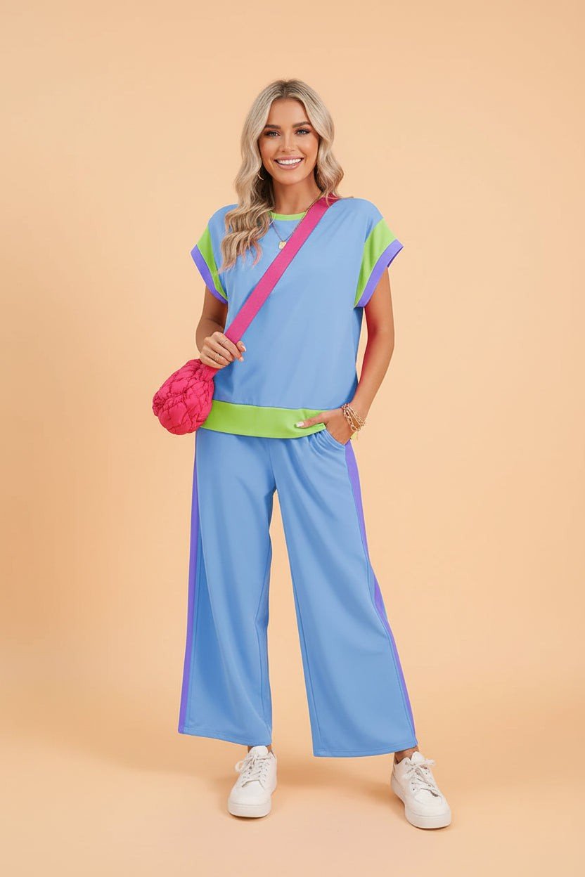Colorblock Short Sleeve Top & Wide Leg Pants Set - Rooted & Reckless Co.