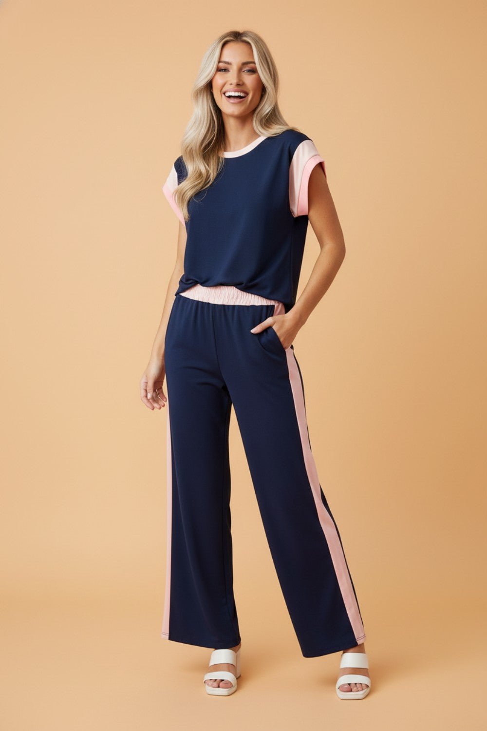 Colorblock Short Sleeve Top & Wide Leg Pants Set - Rooted & Reckless Co.