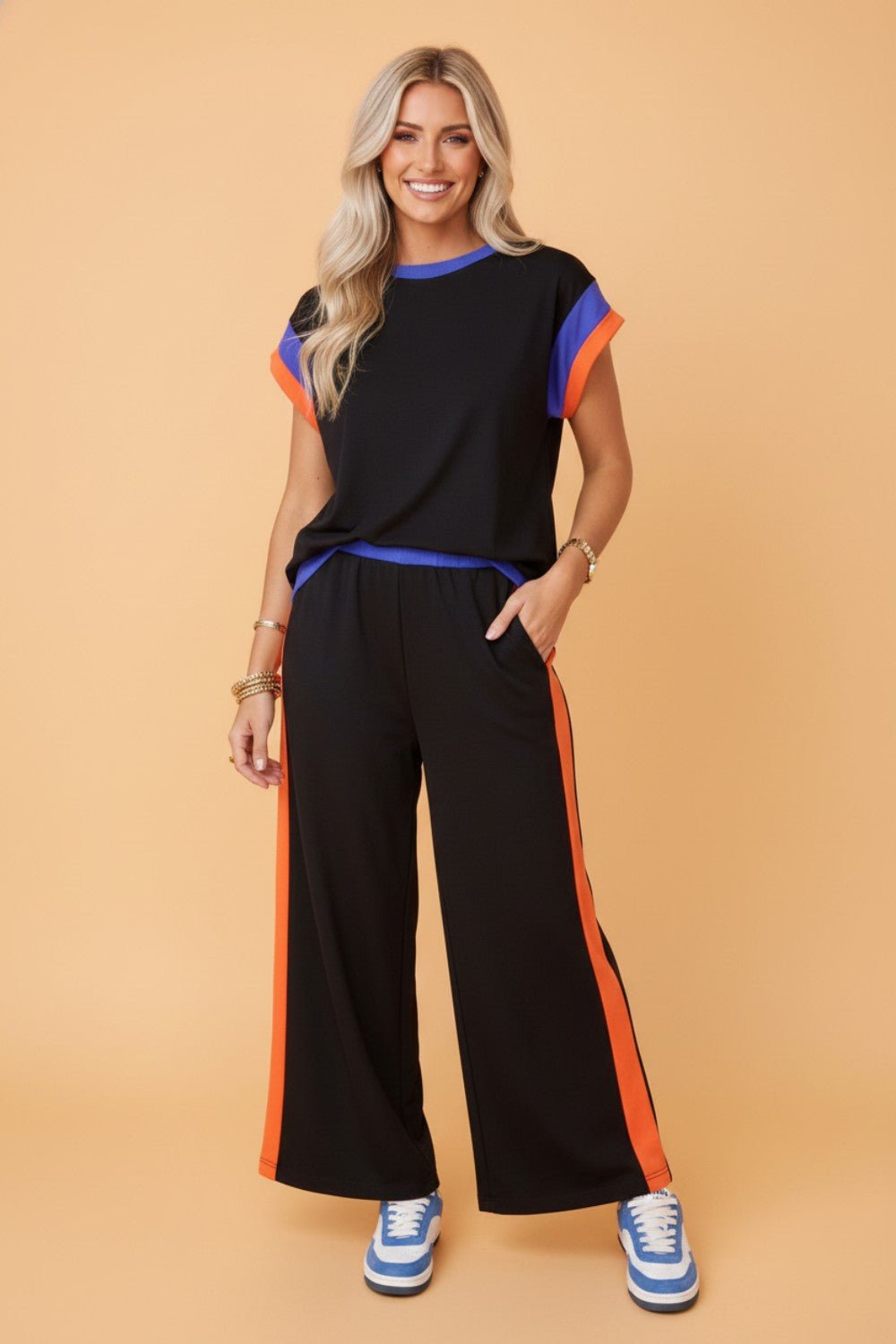 Colorblock Short Sleeve Top & Wide Leg Pants Set - Rooted & Reckless Co.