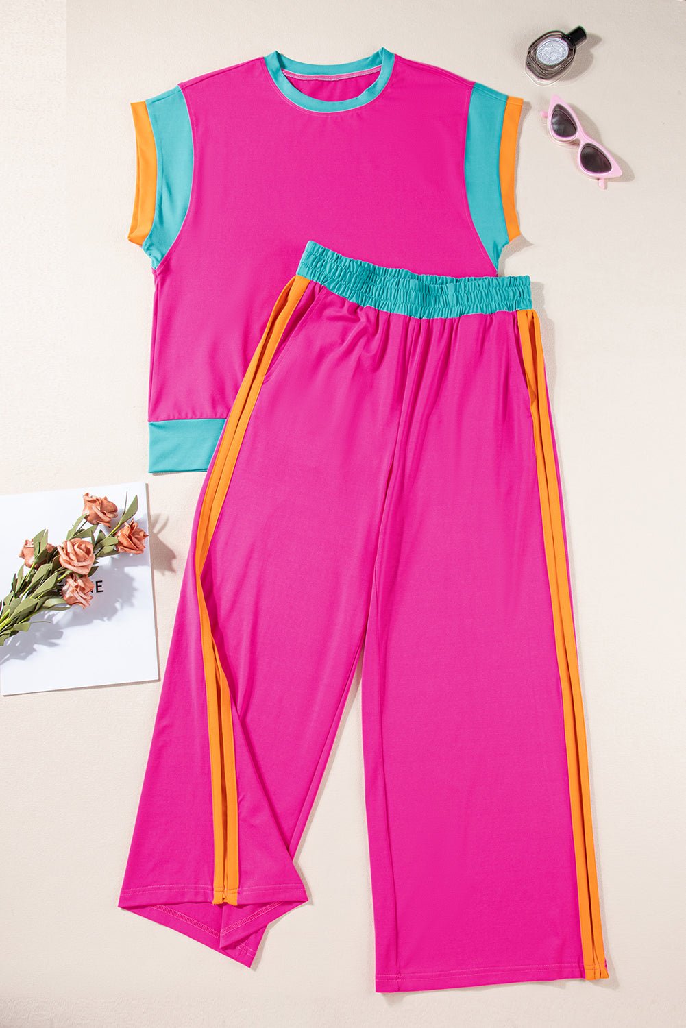 Colorblock Short Sleeve Top & Wide Leg Pants Set - Rooted & Reckless Co.