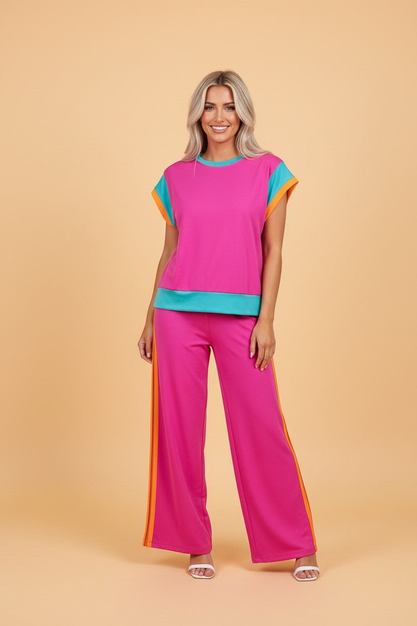 Colorblock Short Sleeve Top & Wide Leg Pants Set - Rooted & Reckless Co.